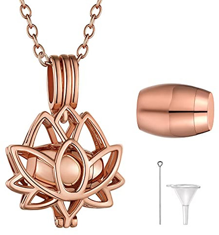 GoldChic JEWELRY Rose Gold Cremation Urn Necklace for Women, Lotus Personalised Engraved Ash Holding Jewellery for Nan