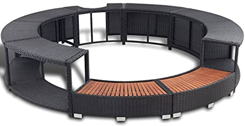 Hommdiy Whirlpool Umrandung mit Stauraum Rund Poolumrandung Poolverkleidung für Spa Grau Poly Rattan Stahlrahmen Eukalyptus-Hartholz (Schwarz)