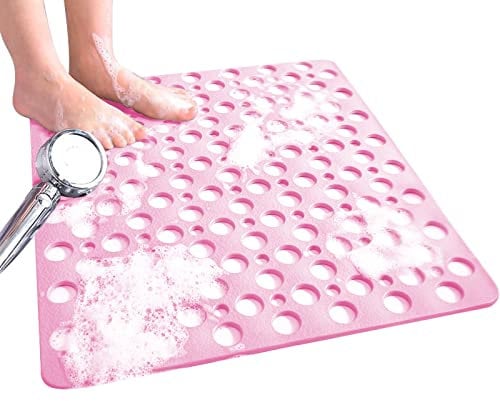 Venuso Square Shower Mats Non Slip Anti Mould, 53 x 53 cm Rubber Anti Slip Bath Mat with Drain Holes, Machine Washable, Pink