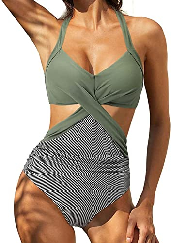NBZZ Damen Badeanzug Frauen High Waist Bademode V Neck Schlankheits Push Up Bauchweg Einteilige Strandmode Swimsuit Strandmode Bikini Set