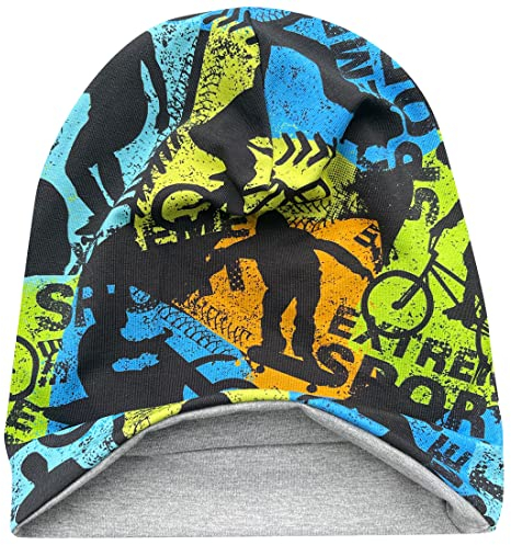 Wollhuhn ÖKO Jungen/Mädchen Long Beanie/Beanie/Strickmütze/Kinder-Mütze Baumwolljersey Gefüttert Übergangszeiten Aus Deutschland (Öko-Stoffe/Bio) (LB Skater/Graffiti Bunt, L)