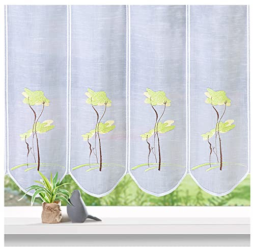 heimtexland ® Scheibengardine Gingko Baum Leinen Optik Weiß Gardine halbtransparent Bestickt Bistrogardine Typ745 Grün HxB 60 x 155 cm