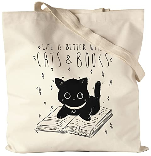 Hey!Print Life is better with cats and books Jutebeutel Stoffbeutel Bücherliebhaber Buch lesen Katzenliebe Tierfreund süßer Bücherwurm
