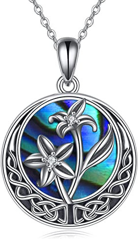 CUPENDA Birth Flower Necklace Sterling Silver Lily Flower Celtic Knot Pendant with Abalone Shell Birthday Jewellery Gift for Women Girls