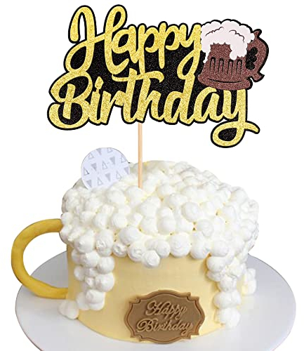1 Pack Beer Cake Topper Glitter Happy Birthday Cake Pick Beer Champagne Wine Barrel Theme Cake Decorations for Celebration Shower Wedding Birthday Wedding Party Gold