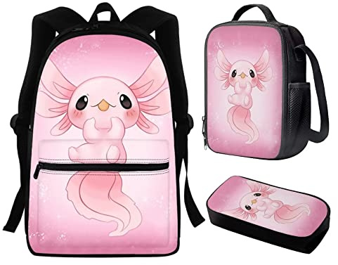 Showudesigns Axolotl School Bags for Teen Girls Backpack Lunch Box Pencil Case 3 in 1 Children Middle School Backpacks Kids 15.6 inch Bookbag Shoulder Bag Beach Sunset Pink