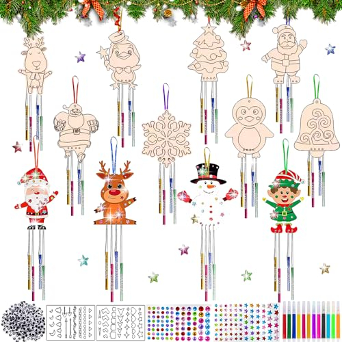 HEYIDAMAI 12 PCS Windspiel Bastelset Kinder,Weihnachtsbasteln,Basteln Weihnachten Kinder,DIY Holzanhänger Weihnachten zum Bemalen,Weihnachtsdekoration Holz,Holz Basteln Kinder Weihnachten