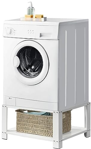 Stakmann Supporto per Lavatrice e Asciugatrice con Ripiano, Base per Elettrodomestici in Acciaio Capacità 150kg, Basamento con Piedini in Gomma Antiscivolo, Rialzo con Mensola Bianco 31 x 63 x 54 cm