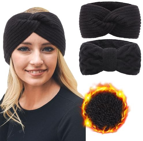 DRESHOW Femmes Chaud Tricoté Bandeau Hiver Oreille Plus Chaud Crochet Tête Enveloppe épais Polaire Doublure Cheveux Bandes, Taille unique, 2pcs Set82-09