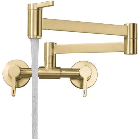 Hot or Cold Kitchen Pot Filler Tap with Aerator, Foldable Wall Mount Kitchen Tap, Brass Folding Faucet with Double Joint Rotatable Swing Arm, Brushed Gold