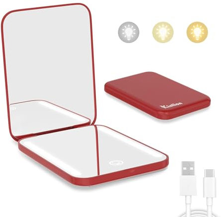 Kintion Wiederaufladbarer Taschenspiegel, LED Kompakt Reise Make up Spiegel, 3 Farbtemperaturen, Dimmbar, Tragbarer Kompaktspiegel, Kleine Handtaschenspiegel für Frauen als Geschenk, Weinrot