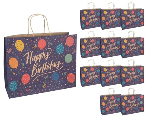 Idena 30398-12 - Geschenktüten Happy Birthday, 12 Stück, Geschenktaschen in der Größe 33 x 12 x 26 cm, Papiertüten zum Geburtstag
