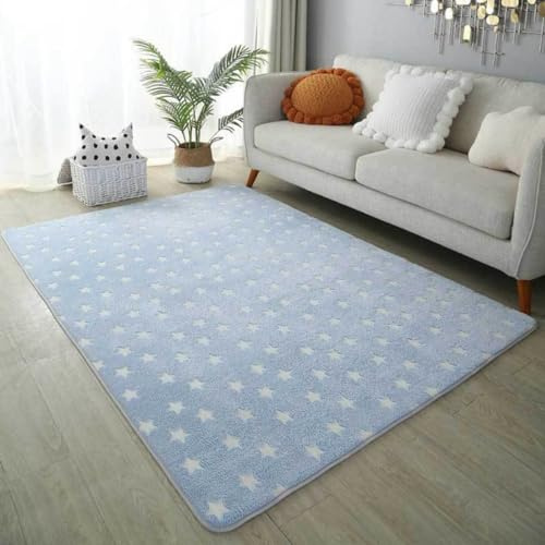 SCAUA Leucht Teppich Einhorn Leuchtender Wohnzimmer Teppiche Rosa Sterne Kinder Schlafzimmer Nachttisch Teppich Baby Spiel Krabbelmatte Kindergarten Kinder Zimmer Deko Kids Carpet (Blau,100x160 cm)