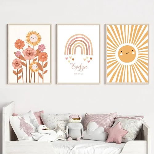 Generisch 3er Set Personalisierte Bilder mit Namen Baby 30x40 cm Poster Kinder Mädchen Orange Pink Wandbilder Kinderzimmer Wandposter Babyzimmer Regenbogen Sonne Blume Bilderwand Leinwand ohne Rahmen