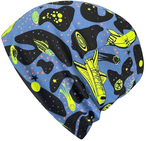 Wollhuhn Jungen/Mädchen Shorties Beanie/Kinder-Mütze Bequem Viele Motive Jersey Zweilagig Gefüttert Übergangszeiten (Öko-Stoffe/Bio) 2024202401 (Shorty Space Neon Gelb, L)