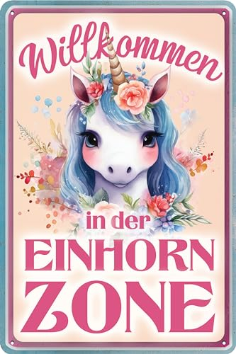 LUCKYLINDE - 30x20cm Blechschild, Kinderzimmer Deko Schild – lustiger Einhorn Spruch - „Willkommen in der Einhorn Zone“