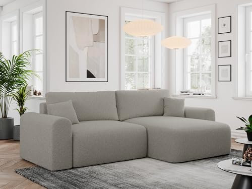 MKS MEBLE Sofa L-Form, Ecksofa mit Schlaffunktion, Wohnlandschaft L-Form mit Kissen, Couch L-Form - Nelson - Grau Boucle