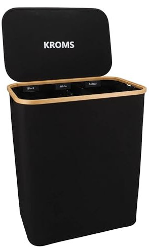 KROMS Wäschekorb 3 Fächer - Schwarz - Wäschekorb mit Deckel - Wäschesortierer 3 fächer - Wäschekorb bambus - Faltbarer wäschekorb - Wäschesammler 3 fächer - Wäsche sortiersystem - Wäschebox mit deckel