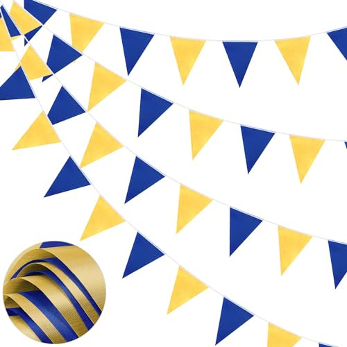 66 Fuß langes Wimpelbanner, blau-goldene Wimpelfahnen, Wimpelgirlande aus Polyestergewebe, 52 Stück, wasserdichte Fahnen, wiederverwendbare Wimpel für Zuhause, Geburtstag, Hochzeit, Partydekoration