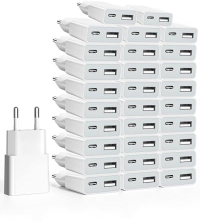 30Pack USB Ladegerät 5W Slim Ladestecker Netzteil 5V 1A 2Port USB C+ USB A Netzstecker Adapter, Steckdosenadapter für iPhone,eBook Reader, Xperia, MP3, Smartphone(Weiß) (Thickness 1.45cm/30packs)
