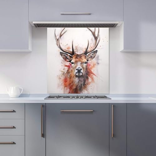 Premium Watercolour Splashart Stag Face Kitchen Splashback 6mm Toughened Glass Kitchen Splashback – Heat Resistant Splashback for Kitchens, Perfect for Cookers and Hobs, Polished Edges