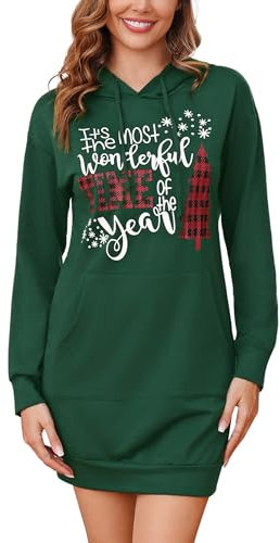 Terecey Robe Sweat Femme de Noël Hiver Longue à Capuche Hoodie Casual Pull Robes avec Poche Long Robes Manches Longues