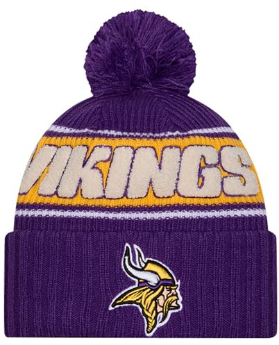 New Era Mütze für Kinder und Jugendliche, NFL Offizielles Sideline-Team-Logo, Sherpa-Streifen-Bommel, Strickmütze für kaltes Wetter, Minnesota Wikinger, Violett, Einheitsgröße