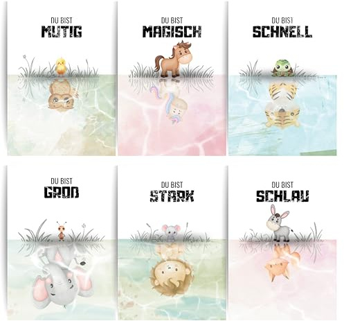 Papierkind™ 6er Poster Set Affirmationen – Du bist mutig, magisch, schnell, groß, stark & schlau | Wanddeko Motivationsbilder für Kinderzimmer | Affirmationsbilder in DIN A4 Ohne Rahmen (A60)