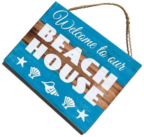 SEESTERN Holzbild Wand Holz Bild 'Welcome to our Beach House' Homedeko 40 x 30cm /2370 Tuerkis