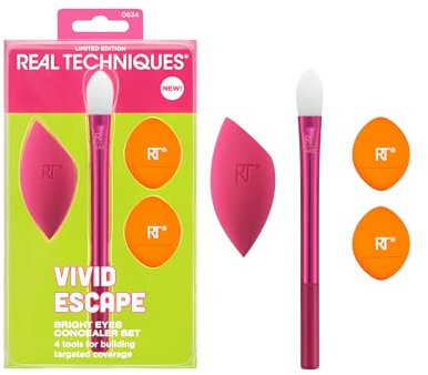 Real Techniques Vivid Escape Bright Eyes Lot de 4 correcteurs à 1 pinceau de maquillage en patte de chaton, 1 houppette à poudre, 1 éponge de maquillage anti-cernes, à transport facile, écologique
