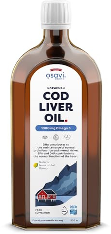 Osavi Norwegian Cod Liver Oil 1000 mg Omega 3 – 500 ml | Zitronen-Minz-Geschmack | DHA & EPA für Herz, Gehirn & Sehgesundheit | Unterstützt das Immunsystem | Gewonnen aus Wildem Atlantischen Kabeljau