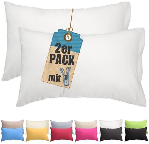 Kissenbezug Doppelpack 50x60 cm Weiß mit verdecktem Reißverschluss - 2er Pack Kissenhülle Set Baumwolle Uni, Waschbar, Atmungsaktiv Mischgewebe