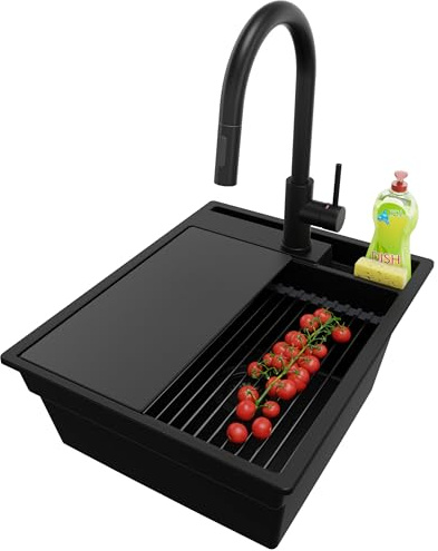 PRIMAGRAN Granitspüle ab 45er Unterschrank + Küchenarmatur, 43x53cm | Set: Küchenarmatur BW9010 + Ablauf-Set (Siphon, Ablaufgarnitur, Überlauf) + Spülbecken 1 Becken - Oslo Pocket, Alles Schwarz