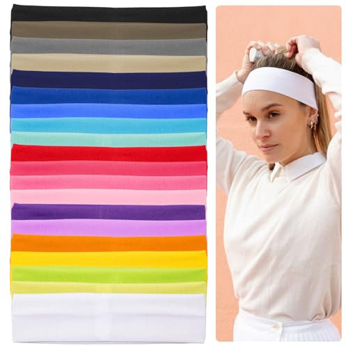Bofanze 20 Stück Stirnband Damen Sport, Dünne Bunte Haarband Sport, Rutschfestes Weiches Sport Stirnbänder Bunte Stirnband Damen Sommer Sport Elastische Haarbänder für Yoga Fitness Laufen