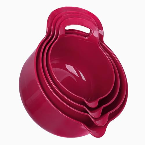 BoxedHome 4 Pack Deep Carmine Nesting Mixing Bowl with Pour Spout and Handle, BPA Free Microwave & Dishwasher Safe (Deep Carmine, 4 Pack with Handle)