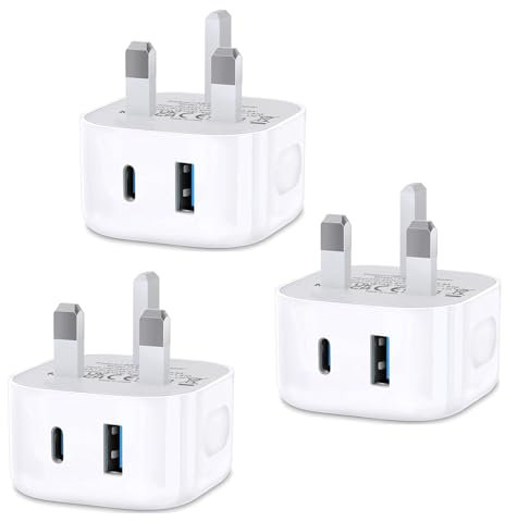 USB C Fast Charge Plug,3 Pack UK Wall Charger Adapter Compatible with iPhone 17/16/15 Pro/14/13/12/11,Micro USB Plug Dual Port C Charger Plug for iPad Pro/AirPods/Samsung Galaxy