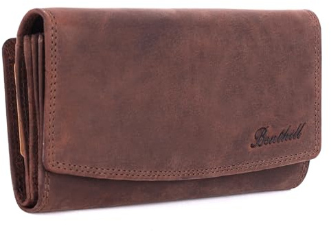 Benthill Geldbörse Groß Echt-Leder | Damen Portemonnaie XXL mit RFID Schutz | Vintage Frauen Geldbeutel mit vielen Kartenfächer inkl. Geschenkbox, Farbe:Dark Brown (H)