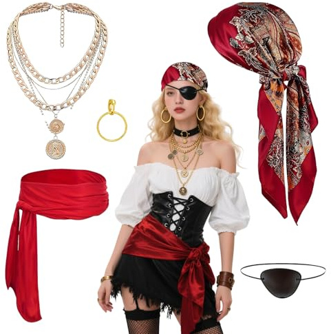 Yamobi Damen Piraten Kostüm Zubehör Set Vintage Kapitän Accessoires Rotes Tuch Schal Gürtel Ohrringe Halskette