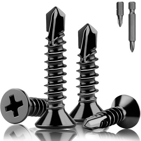 XRXYMQ 120 Pièces Vis Autoforeuse Noire Inox M4.2 x 19 mm Vis Autoforeuse Metal Noir 410 Tête Fraisée Autoperforante Pointe de Forage Autoperceuses pour Plastique Bois Tôle