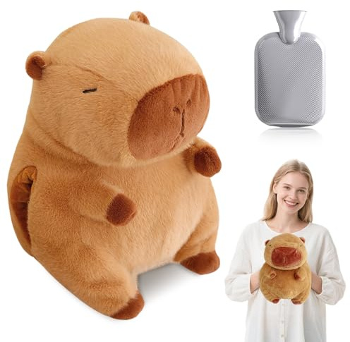 Capybara Wärmflasche Kuscheltier, Afenau Wärmflasche Kinder mit Bezug, Abnehmbar Mini wärmflasche Tier für Männer und Frauen (Grauer Liner)