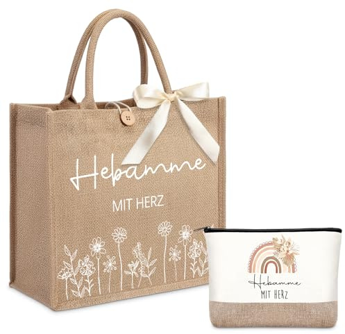 Xuniea Hebamme Geschenk Hebamme mit Herz, Jutetasche und Kosmetiktasche | Dankschön Geschenk Abschiedgeschenk für Midwife, Jute Einkaufstasche, Kosmetiktasche Set, Geburtstag Weihnachten
