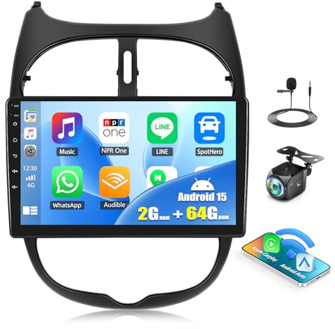 CAMECHO [2+64G] Android 15 Autoradio Carplay per Peugeot 206/Peugeot 206 CC/Citroen C2 2002-2010, Navi Carplay Android Auto, Schermo Touchscreen da 9 Radio WiFi Bluetooth MirrorLink RDS+Telecamera