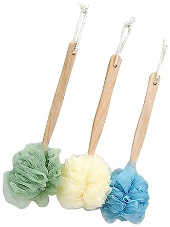 Badeblume mit Griff 3 Stück aus Nylon mit Holzgriff zur Körperreinigung | Weiche Flexible Struktur, Einfache Handhabung, Gründliche Reinigung