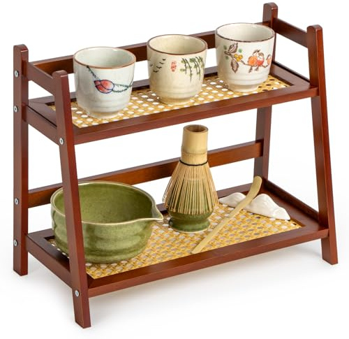 ANBOXIT Rattan-Look Coffee Station Organizer, Countertop Station Organiser | Bamboo Tea & Matcha Accessories Station Organizer, 2 Tier Mug Holder Display Stand for Kitchen, Home, Office - Brown