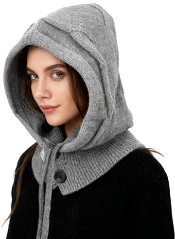 AYPOW Damen Winter Thermo Slouch Strickmütze und Schal, 2 in 1 Einstellbar Warm Winddichte Kapuzenschal Sturmhaube und Nackenwärmer,Weiches Elastisch Beanie Hut für Outdoor Sportarten Einkaufen