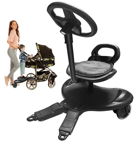 HENYEER Planche à roulettes avec siège et volant,repose-pieds universel pour toutes les poussettes, pivotante à 360°, plateforme pour chariot pour enfants de 2 à 6 ans, jusqu'à 25 kg pour les familles