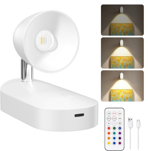 GOODEA RGBW Kabellose Spotlight, 4000mAh Akku Wandleuchte mit Fernbedienung | 130° & 360° drehbare Wandspots, dimmbar, 13 RGB-Farben, bohrfreie Wandlampe mit Timer & Memory für Bildbeleuchtung, Wanddeko