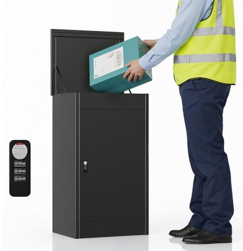 MSFE Extra Large Parcel Box Outdoor, Delivery Box with Combination Lock, 63x49.5x112cm, Durable, Anti-theft Weatherproof Secure Parcel Drop Box Outdoor For Multiple Packages (Black)