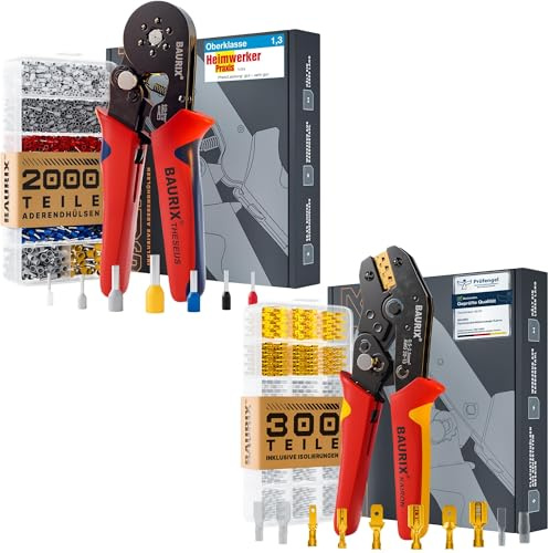 BAURIX® Crimpzangen Set – THESEUS Aderendhülsenzange 0,25–6 mm² mit 2000 Aderendhülsen & KAIRON Crimpzange 0,50–2,50 mm² mit 300 Flachsteckhülsen
