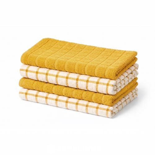 Sedalinne Juego 4 Paños de Cocina Premium Cuadros/Lisos - Tamaño 50x50 cm - 100% Algodón - Muy Absorbentes - Trapos Cocina. Color Amarillo